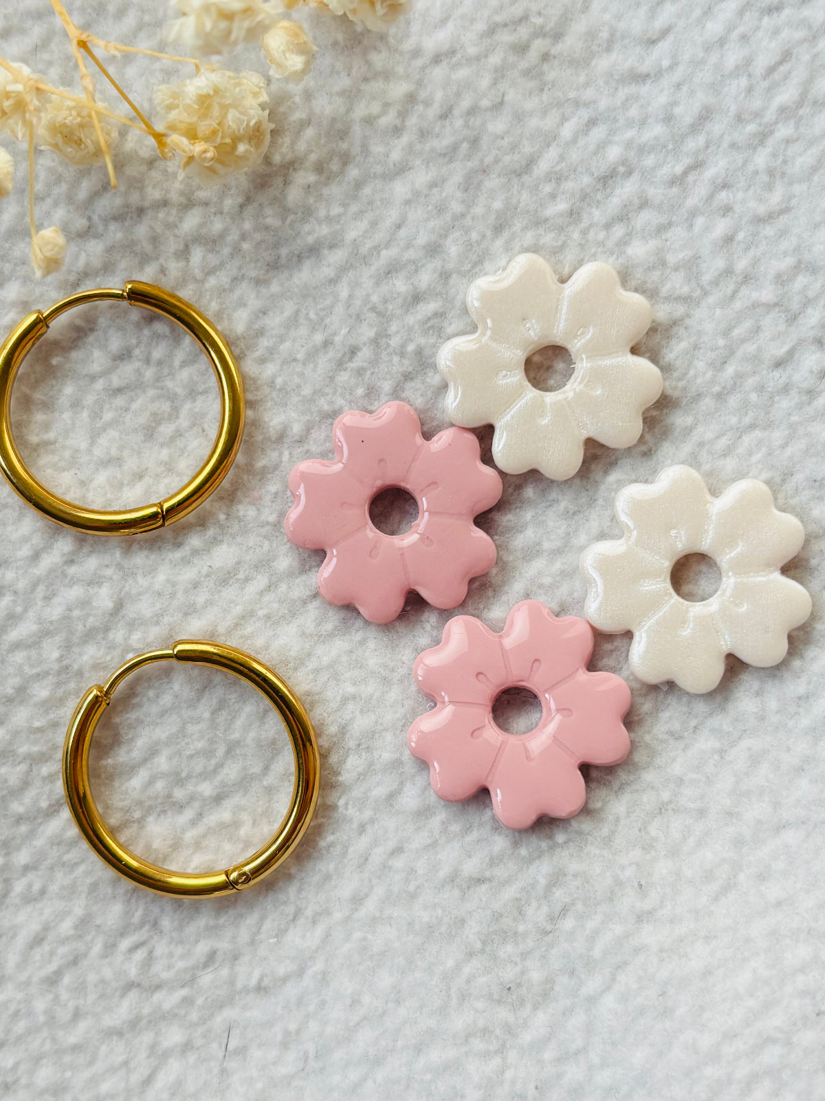 Box pampille interchangeable avec créole rose et blanc nacré fabriquation artisanale française